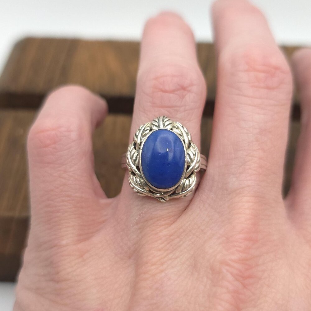Size 7 Sterling Silver Nature Leaf Accent Lapis Lazuli Stone Ring A1474